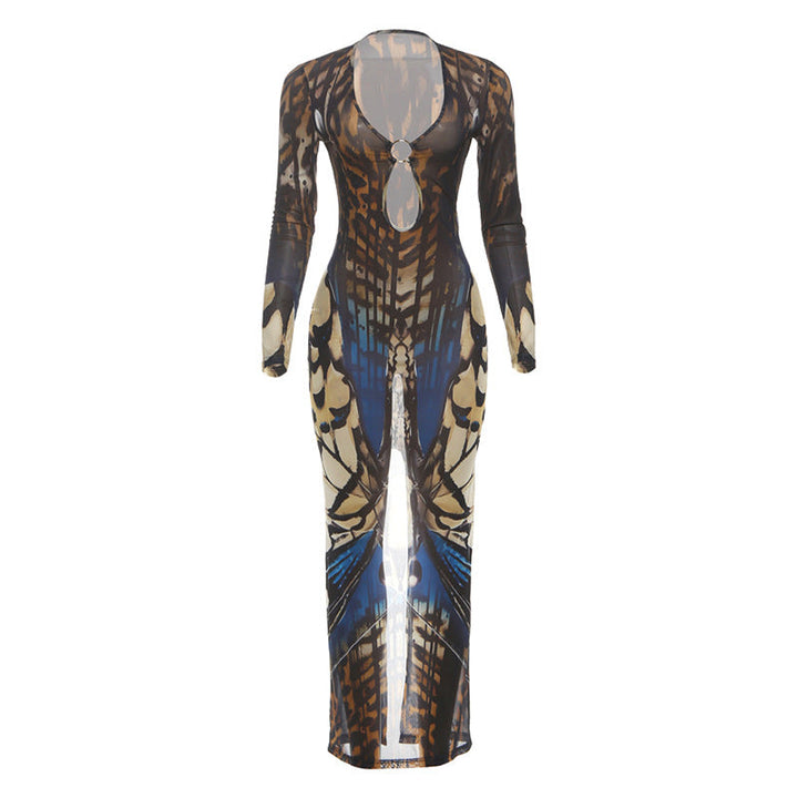 Long sleeve hollow out o ring print mesh cut out maxi dress  | Festival Outfits Women