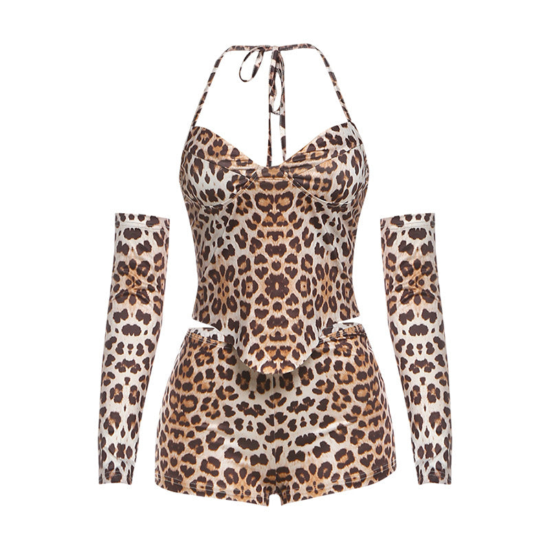 Leopard print self tie halter gloves v neck pant set  | Festival Outfits Women