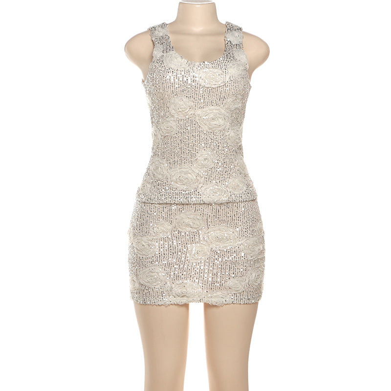 Glitter u neck flower applique tank mini skirt set  | Festival Outfits Women