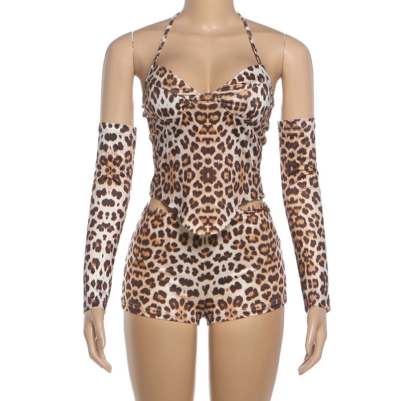 Leopard print self tie halter gloves v neck pant set  | Festival Outfits Women