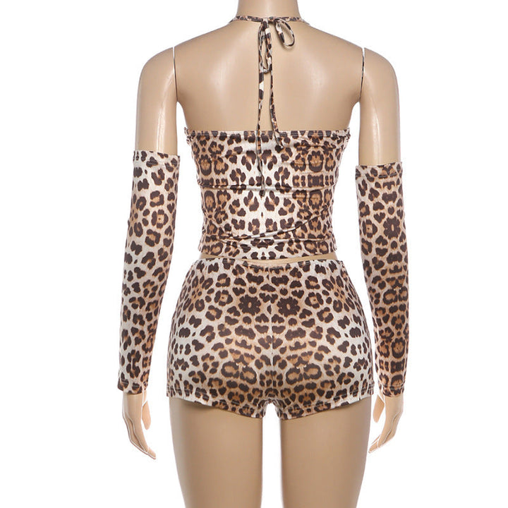 Leopard print self tie halter gloves v neck pant set  | Festival Outfits Women