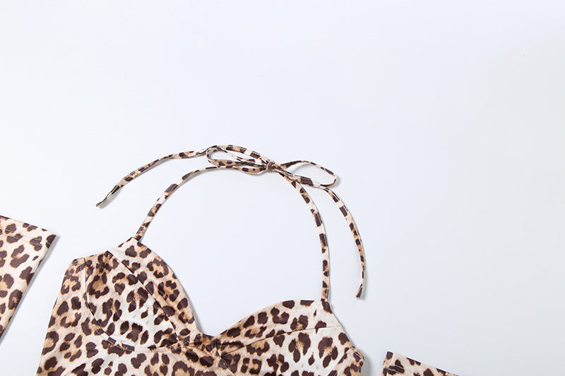 Leopard print self tie halter gloves v neck pant set  | Festival Outfits Women