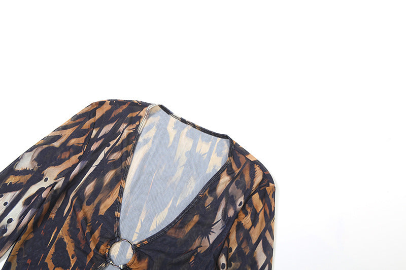 Long sleeve hollow out o ring print mesh cut out maxi dress  | Festival Outfits Women