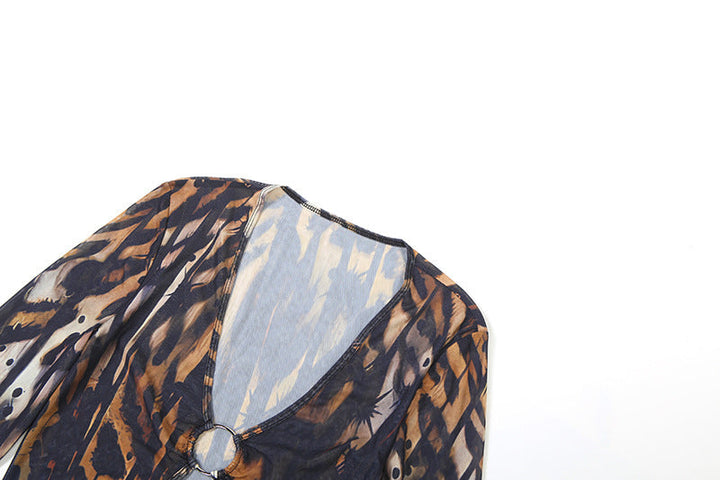 Long sleeve hollow out o ring print mesh cut out maxi dress  | Festival Outfits Women