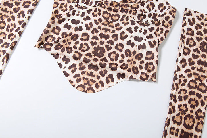 Leopard print self tie halter gloves v neck pant set  | Festival Outfits Women