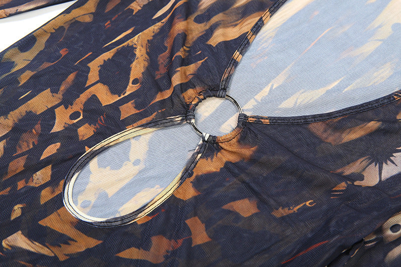 Long sleeve hollow out o ring print mesh cut out maxi dress  | Festival Outfits Women