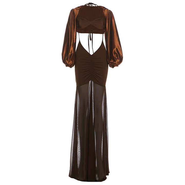 Ruched long sleeve self tie 2 piece maxi dress  | Festival Outfits Women