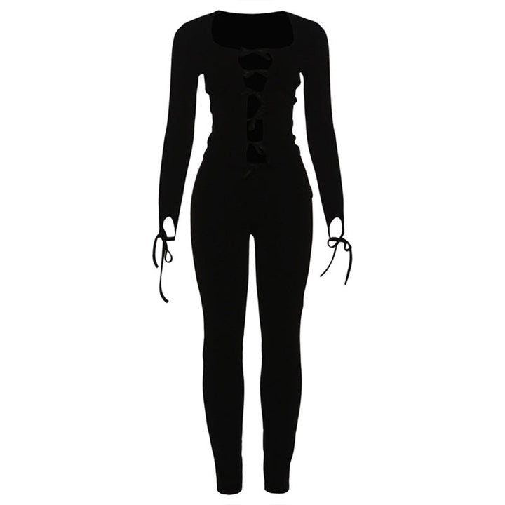 Long sleeve hollow out bowknot self tie pant set  | Festival Outfits Women