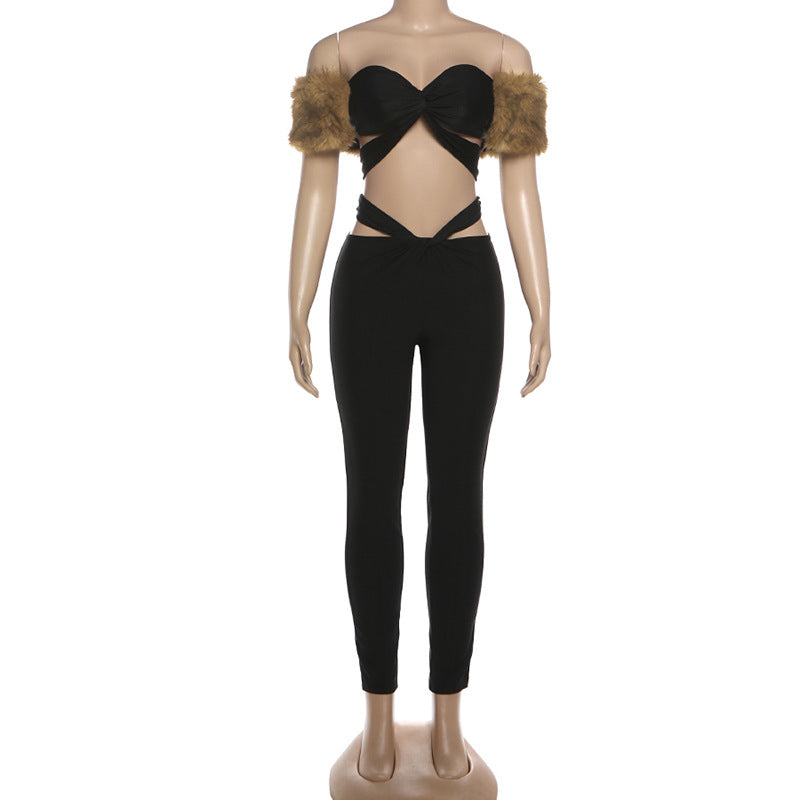 Fluffy hollow out sweetheart neck low rise pant set  | Festival Outfits Women