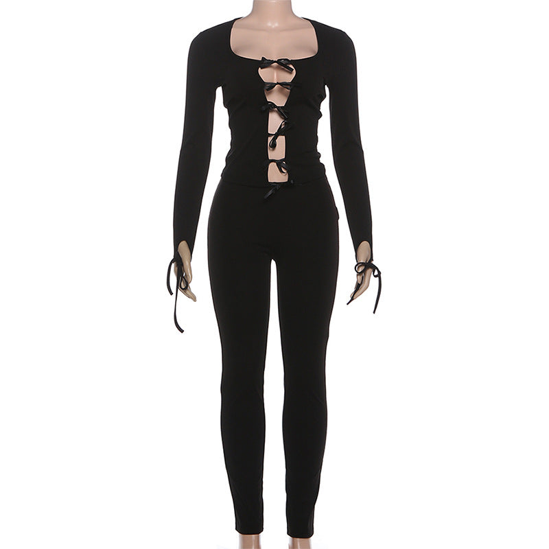 Long sleeve hollow out bowknot self tie pant set  | Festival Outfits Women