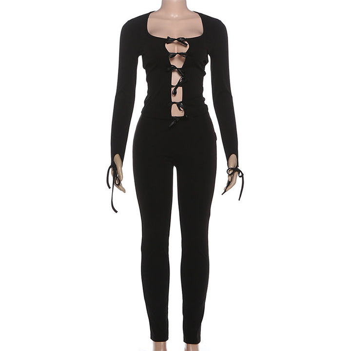 Long sleeve hollow out bowknot self tie pant set  | Festival Outfits Women