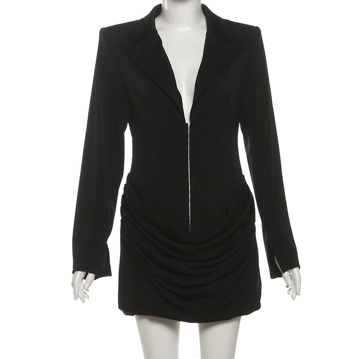 Long sleeve ruched deep v neck solid mini dress  | Festival Outfits Women