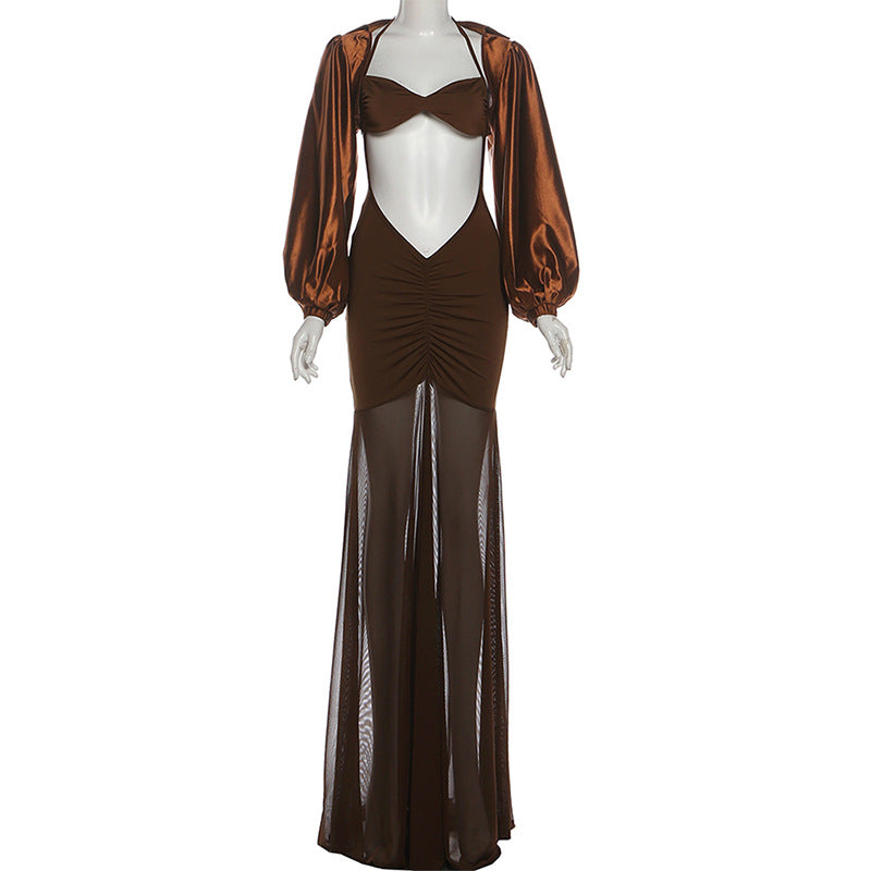 Ruched long sleeve self tie 2 piece maxi dress  | Festival Outfits Women