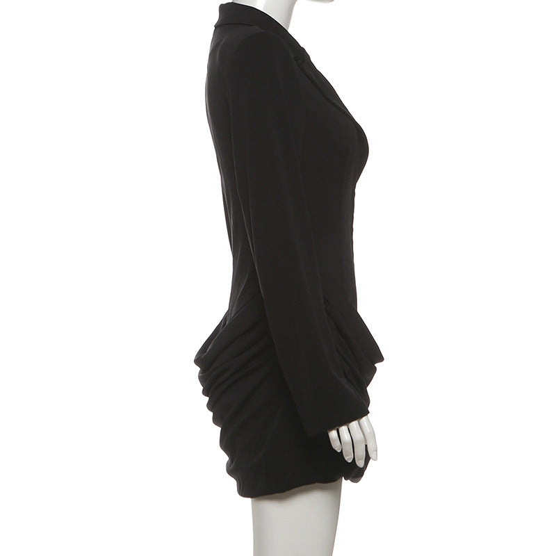 Long sleeve ruched deep v neck solid mini dress  | Festival Outfits Women