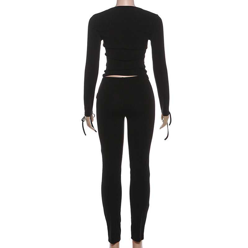 Long sleeve hollow out bowknot self tie pant set  | Festival Outfits Women