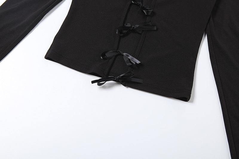 Long sleeve hollow out bowknot self tie pant set  | Festival Outfits Women