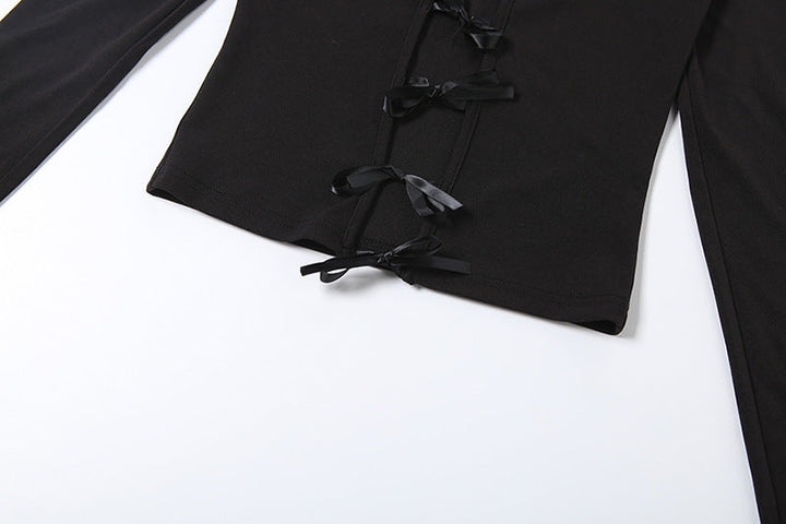 Long sleeve hollow out bowknot self tie pant set  | Festival Outfits Women