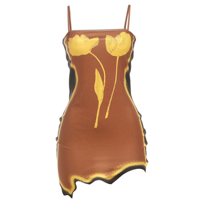 Square neck flower pattern irregular cami mini dress  | Festival Outfits Women