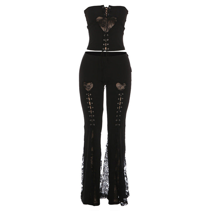 Lace up lace patchwork low rise tube pant set  | Festival Outfits Women