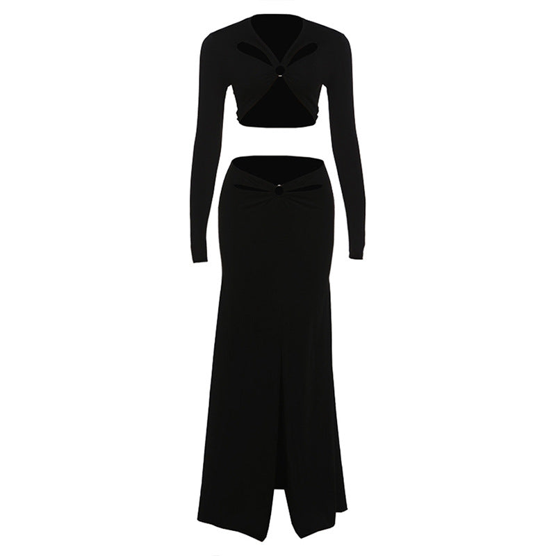 Hollow out long sleeve o ring slit maxi skirt set  | Festival Outfits Women
