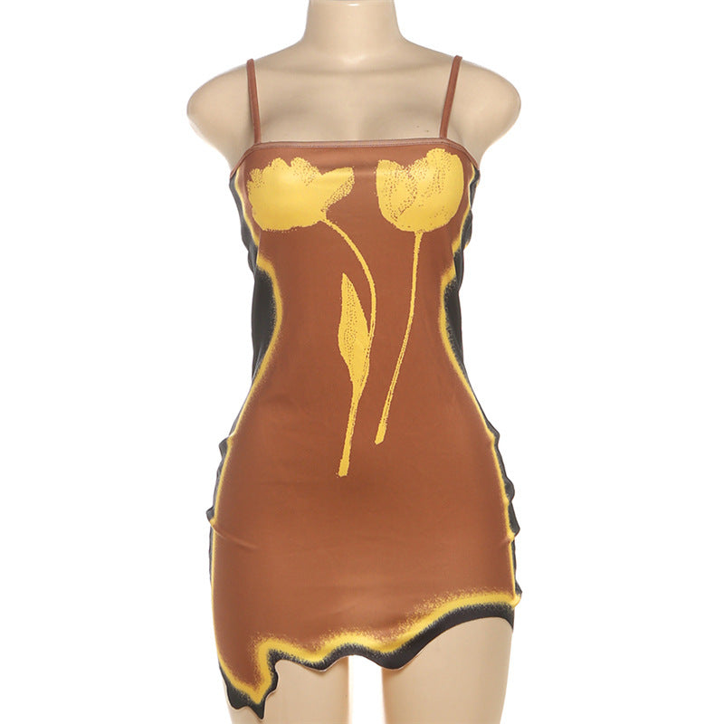 Square neck flower pattern irregular cami mini dress  | Festival Outfits Women