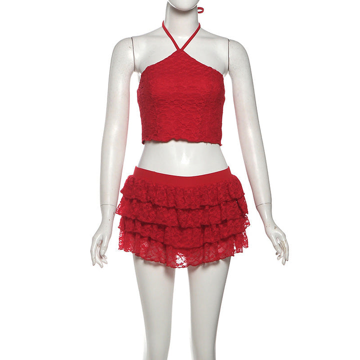 Halter self tie lace ruffle mini skirt set  | Festival Outfits Women