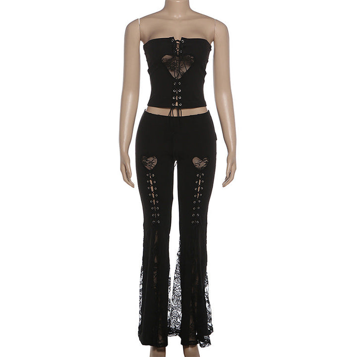 Lace up lace patchwork low rise tube pant set  | Festival Outfits Women