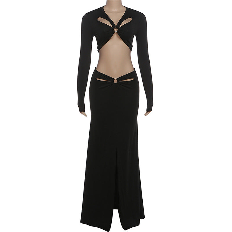Hollow out long sleeve o ring slit maxi skirt set  | Festival Outfits Women