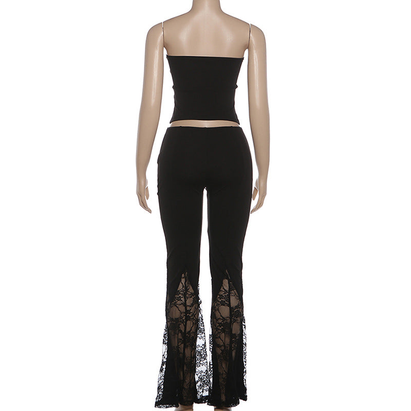 Lace up lace patchwork low rise tube pant set  | Festival Outfits Women