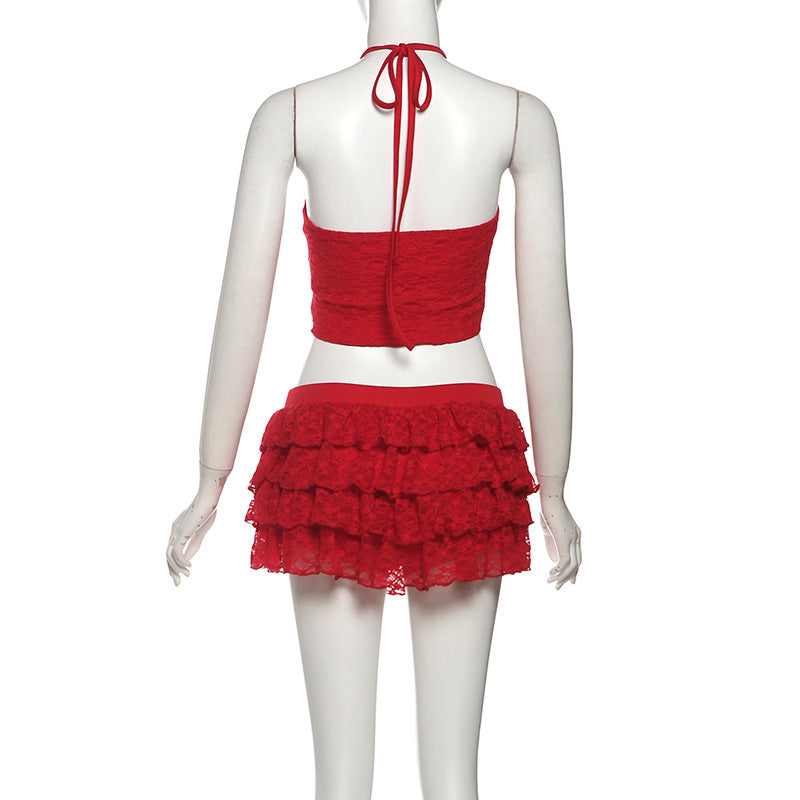 Halter self tie lace ruffle mini skirt set  | Festival Outfits Women
