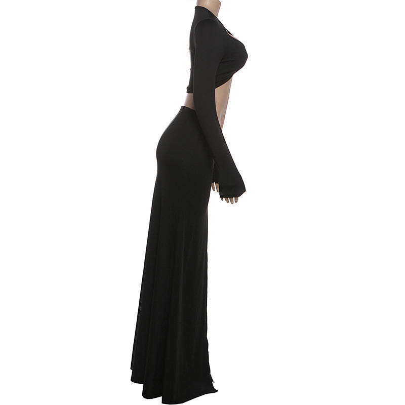 Hollow out long sleeve o ring slit maxi skirt set  | Festival Outfits Women