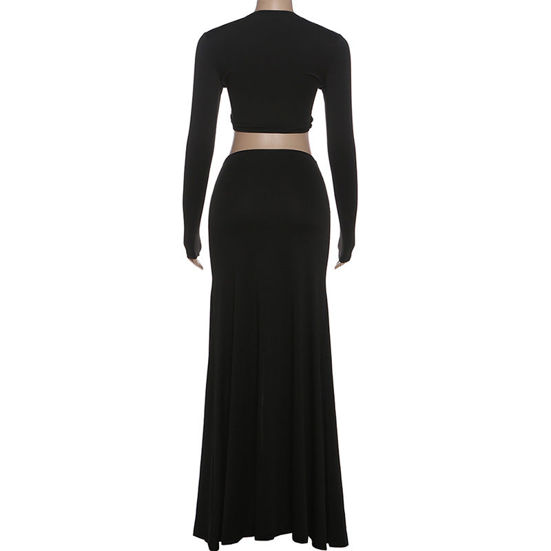Hollow out long sleeve o ring slit maxi skirt set  | Festival Outfits Women