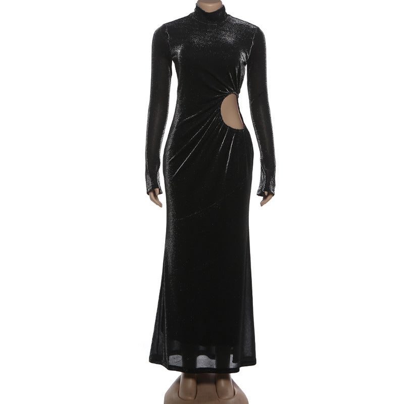 Ruched hollow out long sleeve high neck cut out maxi dress  | Festival Outfits Women