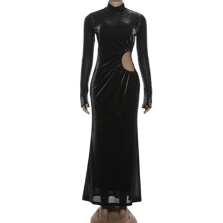 Ruched hollow out long sleeve high neck cut out maxi dress  | Festival Outfits Women