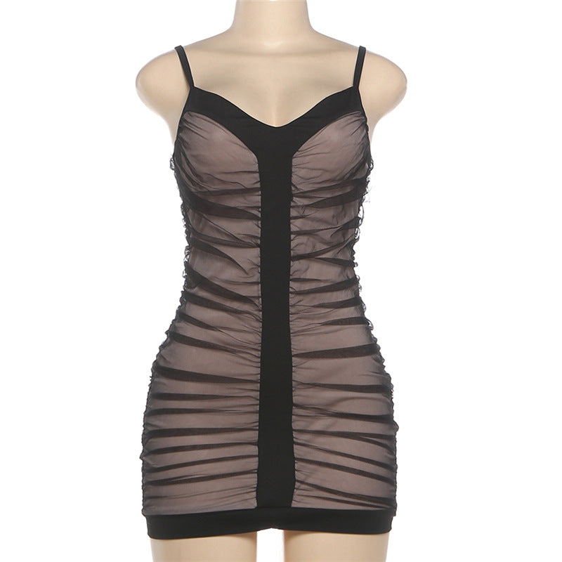 Ruched mesh v neck backless cami mini dress  | Festival Outfits Women