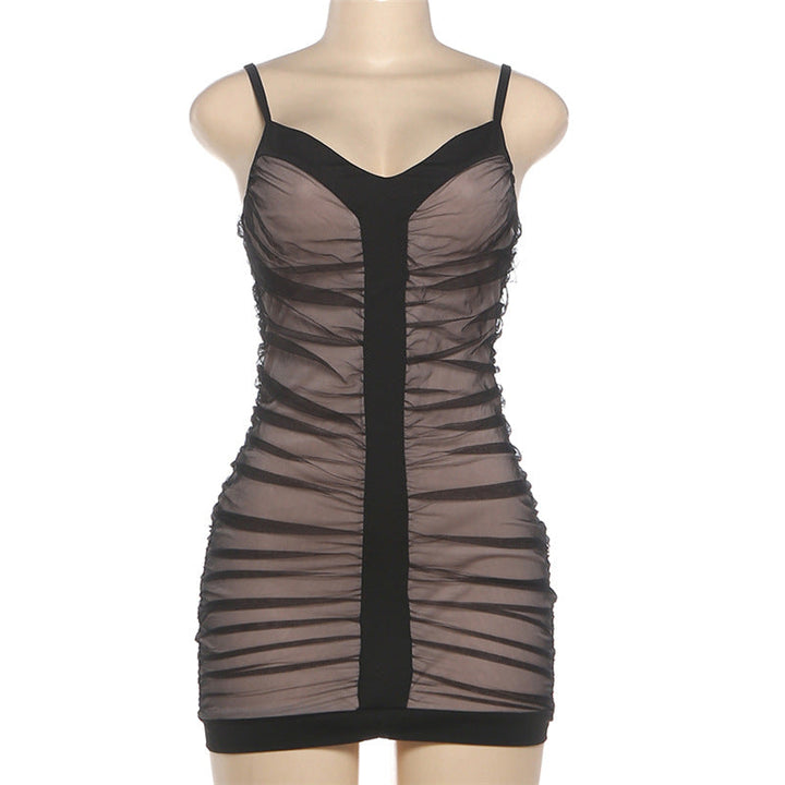 Ruched mesh v neck backless cami mini dress  | Festival Outfits Women