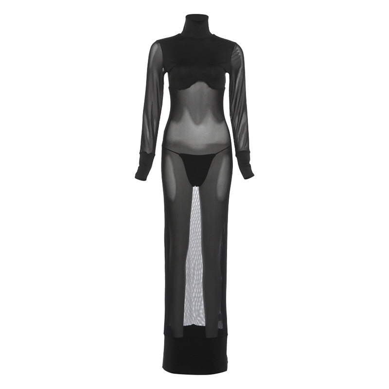 High neck long sleeve mesh solid maxi dress  | Festival Outfits Women