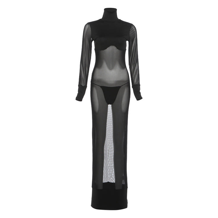 High neck long sleeve mesh solid maxi dress  | Festival Outfits Women