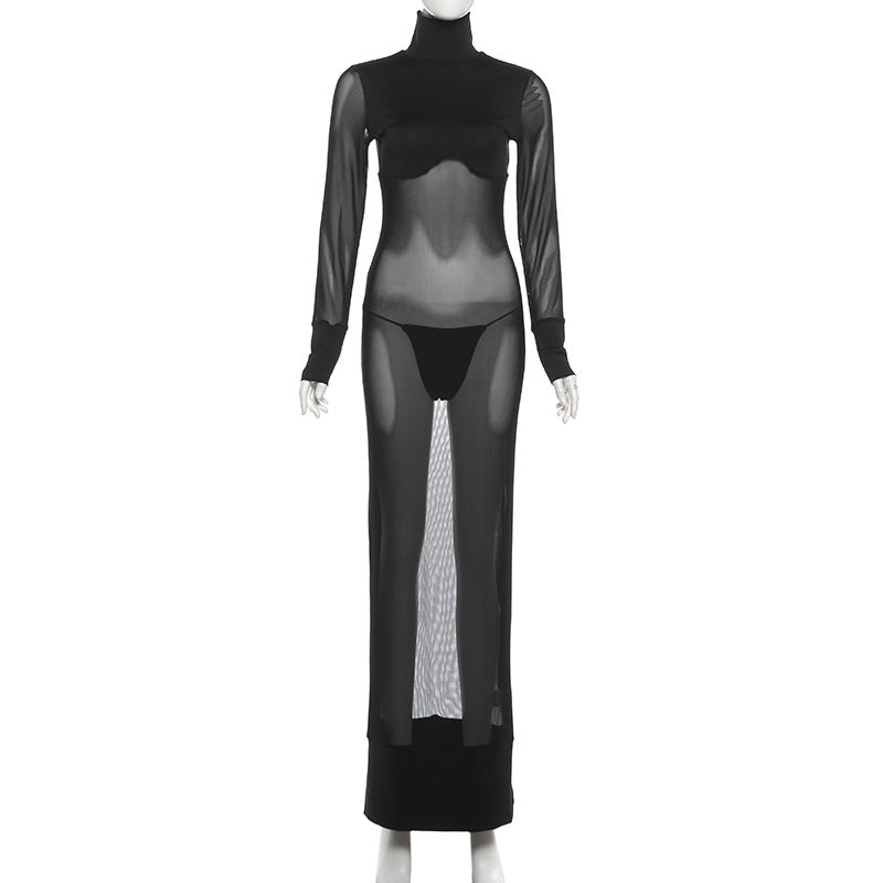 High neck long sleeve mesh solid maxi dress  | Festival Outfits Women