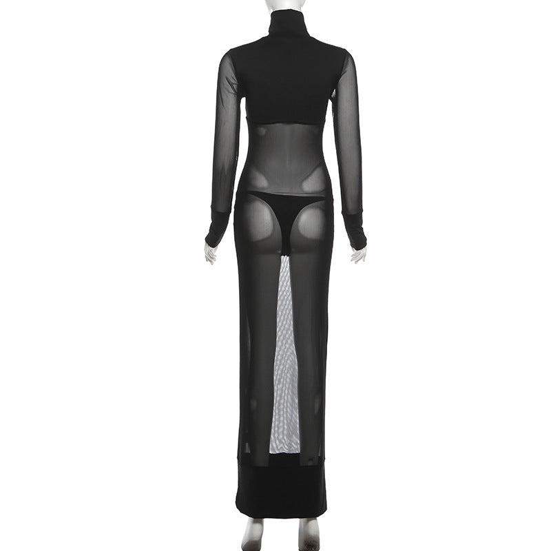 High neck long sleeve mesh solid maxi dress  | Festival Outfits Women
