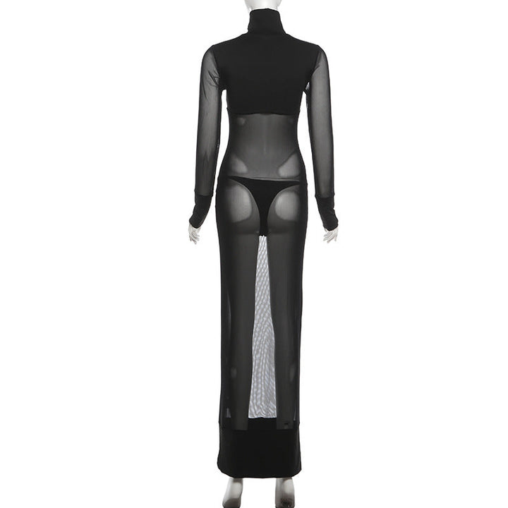 High neck long sleeve mesh solid maxi dress  | Festival Outfits Women