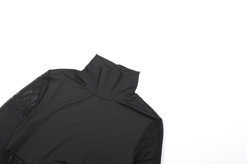 High neck long sleeve mesh solid maxi dress  | Festival Outfits Women