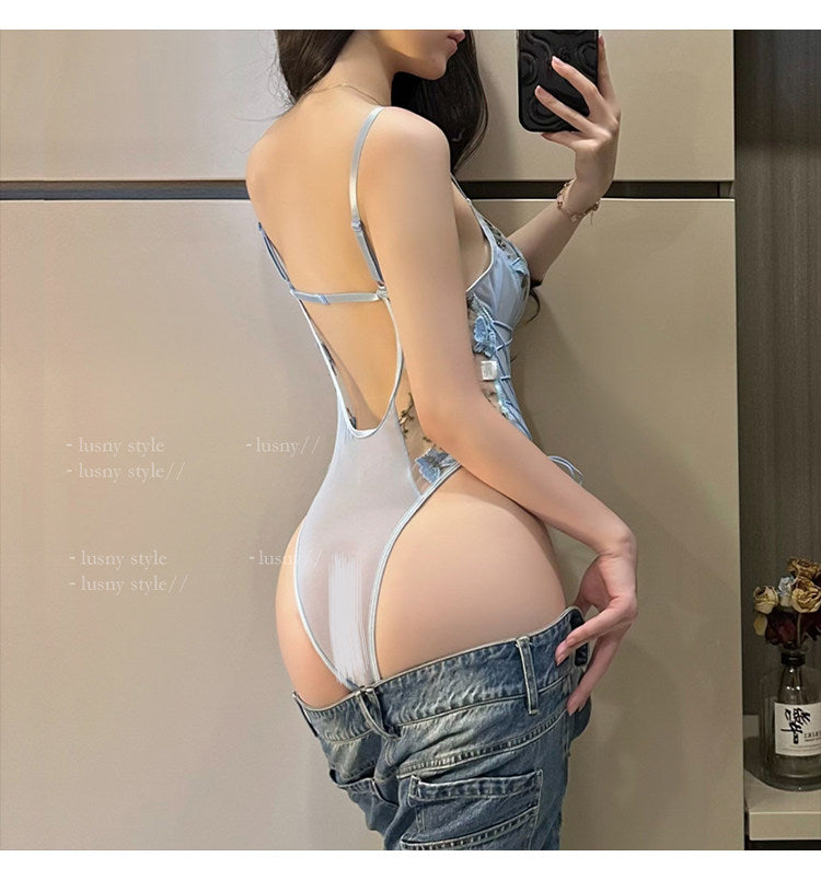 V neck lace up butterfly embroidery mesh cami bodysuit  | Festival Outfits Women