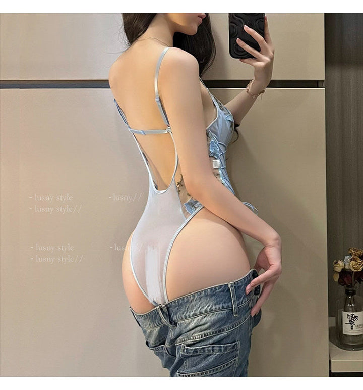 V neck lace up butterfly embroidery mesh cami bodysuit  | Festival Outfits Women