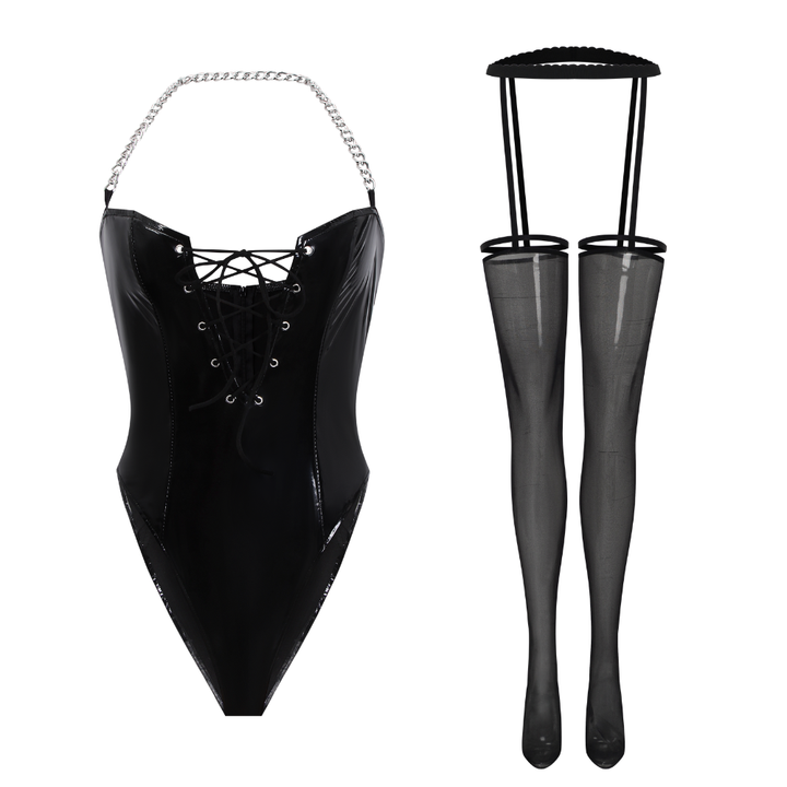 Halter metal chain self tie backless bodysuit  | Festival Outfits Women