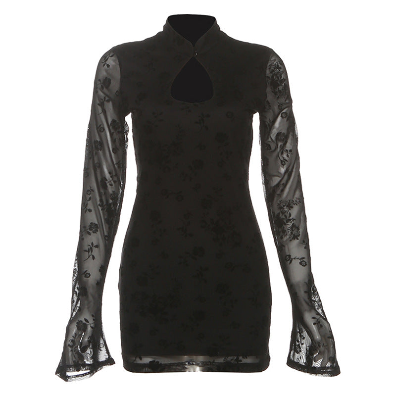 Long flared sleeve hollow out flower print cut out mini dress  | Festival Outfits Women