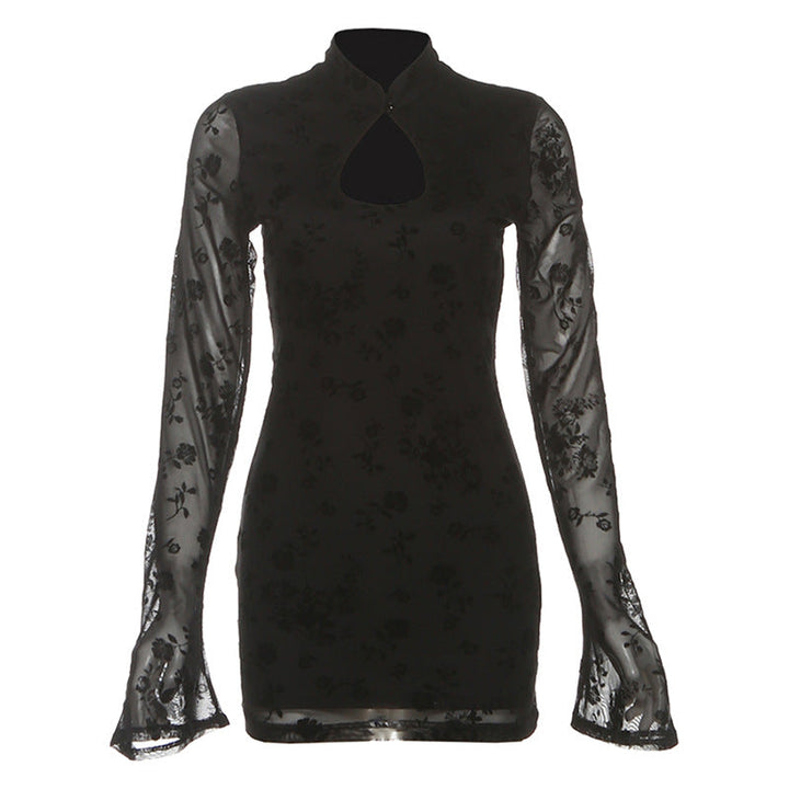 Long flared sleeve hollow out flower print cut out mini dress  | Festival Outfits Women