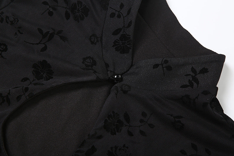 Long flared sleeve hollow out flower print cut out mini dress  | Festival Outfits Women