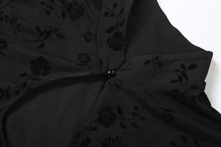 Long flared sleeve hollow out flower print cut out mini dress  | Festival Outfits Women