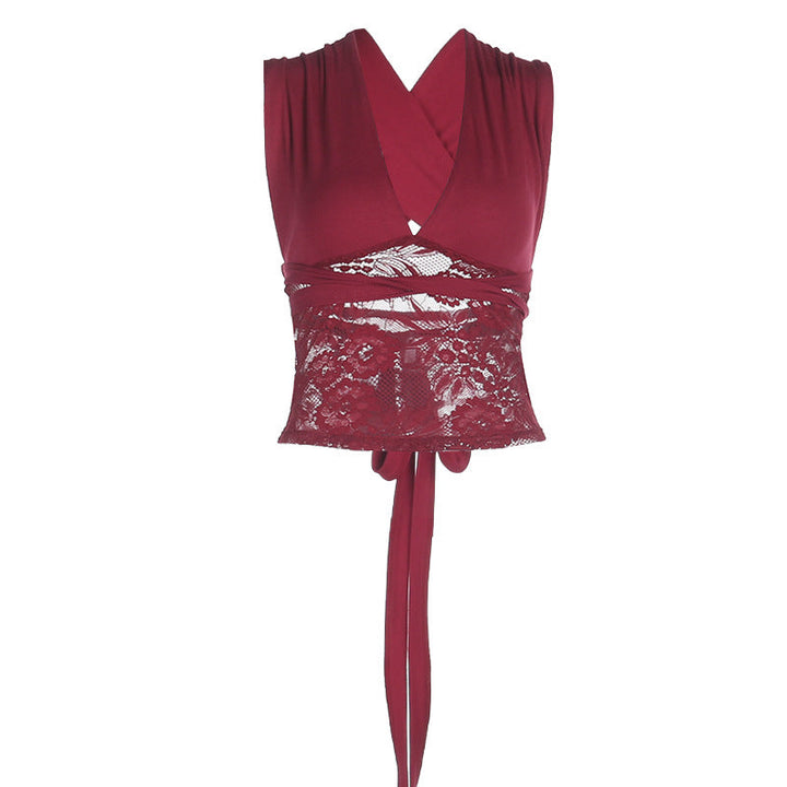 V neck lace patchwork self tie solid top  | Festival Outfits Women